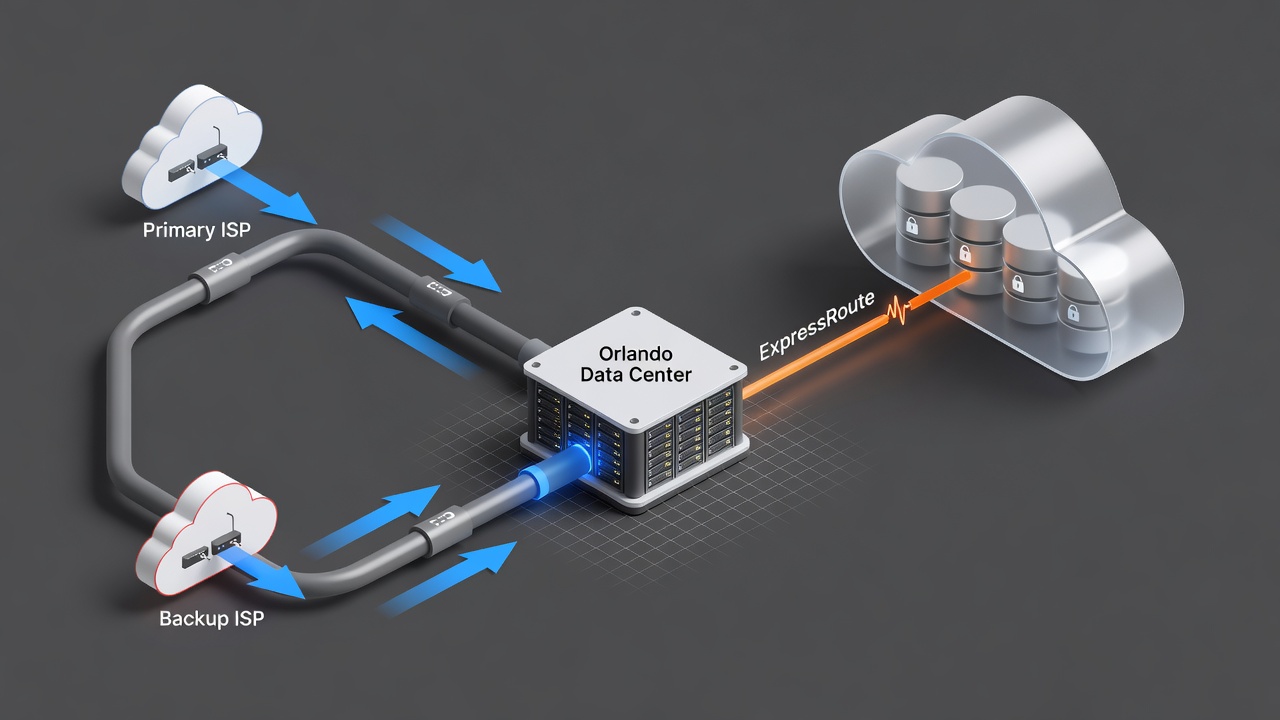 Flow diagram illustrating network redundancy setup for Orlando Data Backup & Recovery, showing primary and backup ISP paths, ExpressRoute connectivity, and secure tunnels to cloud storage.
