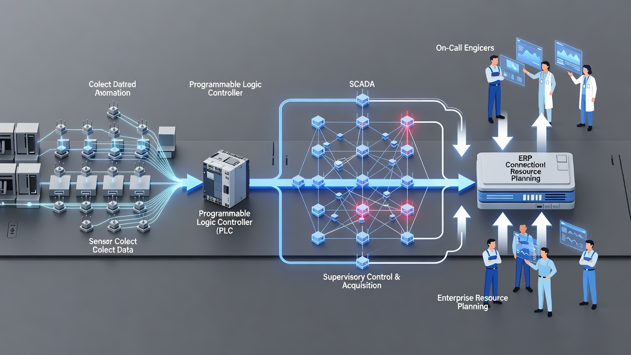 Flow diagram of production line monitoring protocols with sensors on PLCs, SCADA networks, and ERP connections escalating to on-call engineers