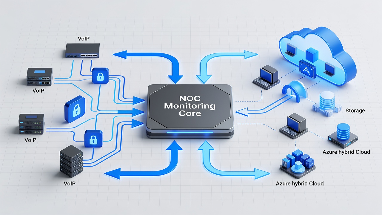 Flowchart illustrating 24/7 NOC monitoring connected to VoIP encryption and Azure hybrid systems for Central Florida SMEs