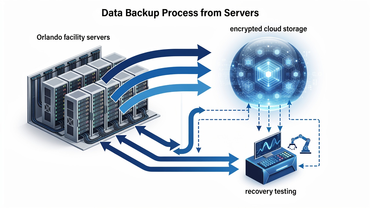 Flowchart illustrating data backup process from Orlando facility servers to encrypted cloud storage with recovery testing steps