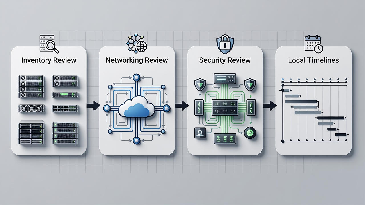 Flowchart illustrating pre-migration assessment phases for St. Petersburg Cloud Services including inventory, networking, and security reviews with local timelines.
