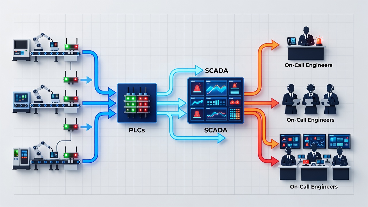 Flowchart illustrating production line monitoring protocols with sensors on PLCs and SCADA networks escalating alerts to on-call engineers in real time