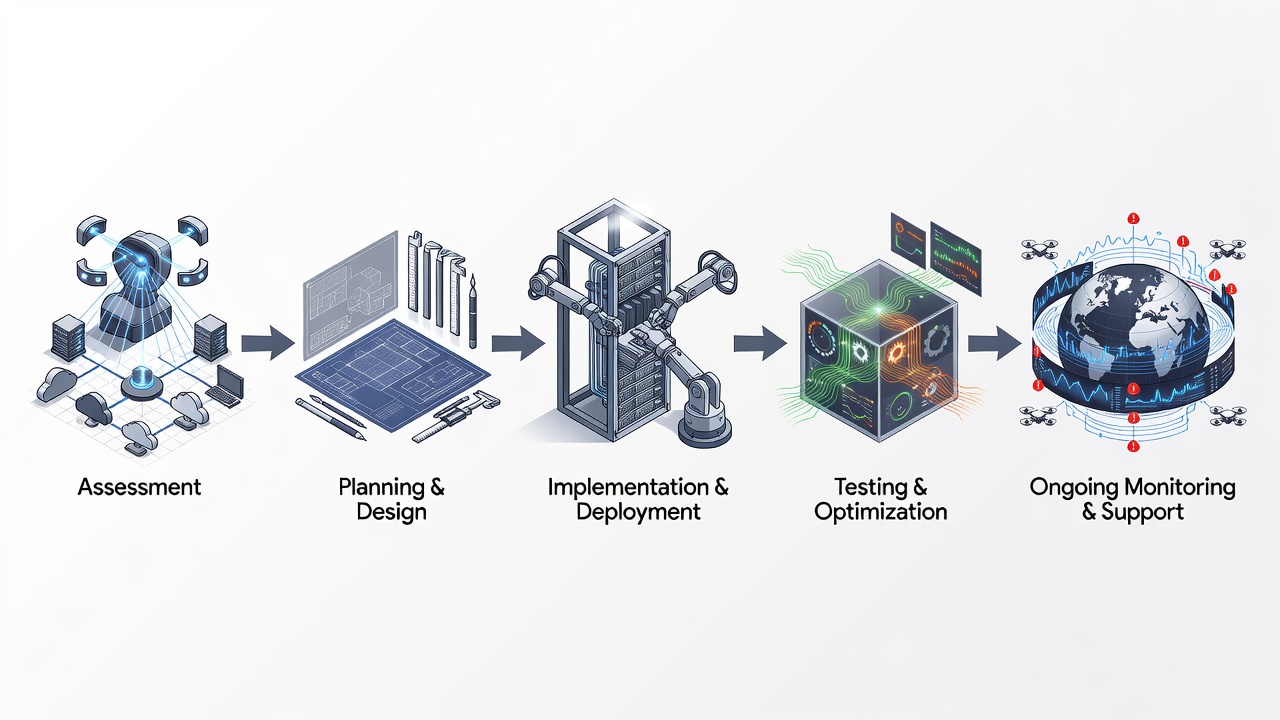 Flowchart illustrating the phased deployment process of Tampa Managed IT Services from assessment through ongoing monitoring and support.