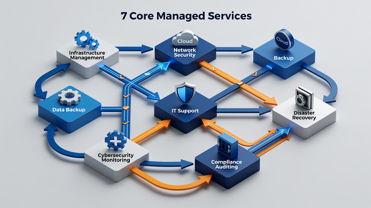 Flowchart illustrating the seven core managed services with arrows indicating data protection and compliance pathways