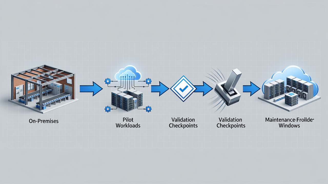 Flowchart of phased Azure hybrid migration cutover steps for Orlando manufacturers showing pilot workloads, validation checkpoints, and final switchover during maintenance windows.