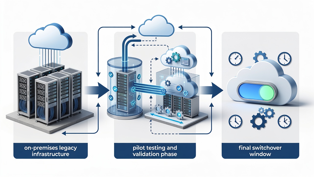 Flowchart of phased cloud migration cutover steps for Longwood manufacturers, highlighting pilot testing, validation, and final switchover windows.
