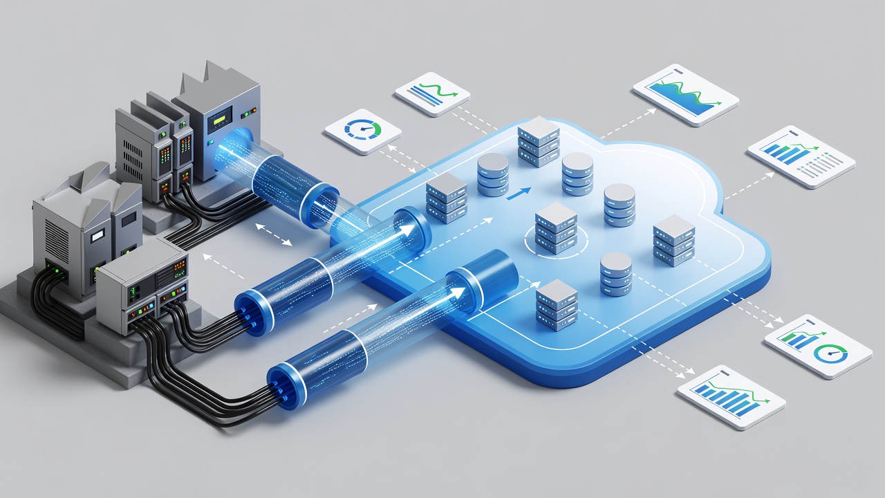 High-quality editorial photograph of a secure hybrid cloud architecture diagram showing factory PLC systems connected to Microsoft Azure through encrypted VPN tunnels with real-time monitoring dashboards for Winter Park manufacturers