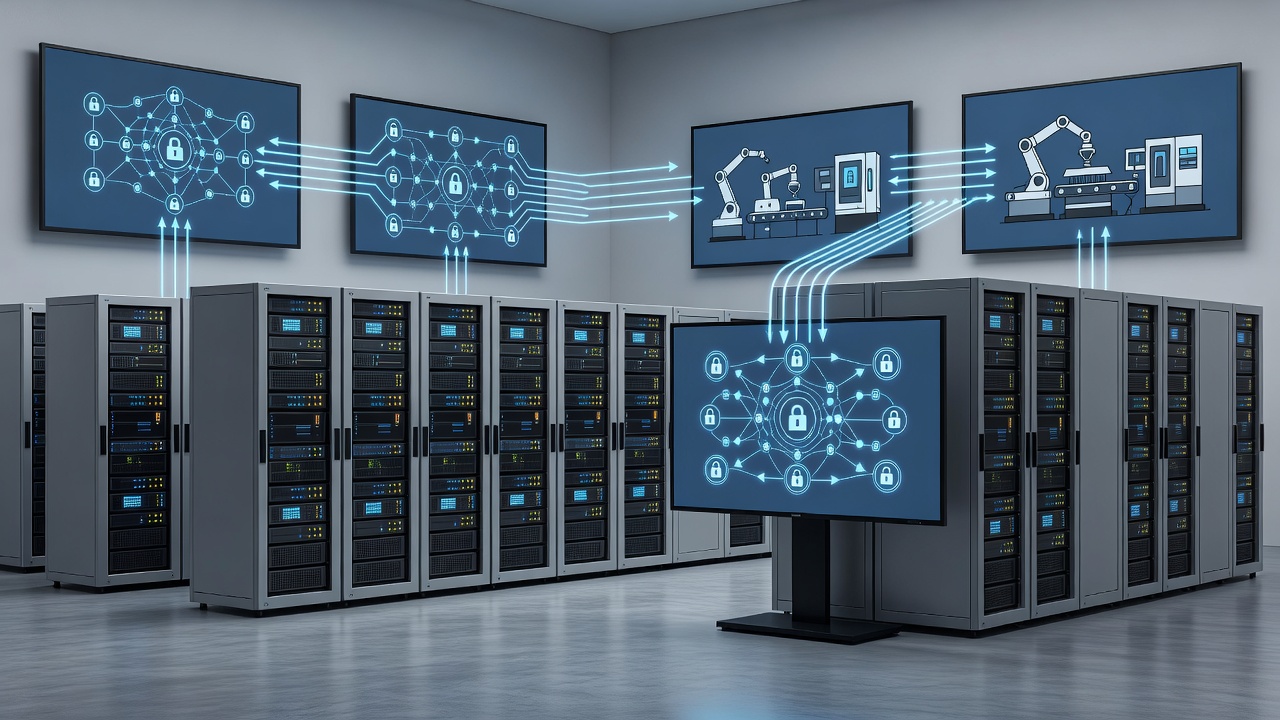 High-quality editorial photograph of an industrial server room with server racks and monitoring screens showing secure connections to manufacturing equipment under professional studio lighting