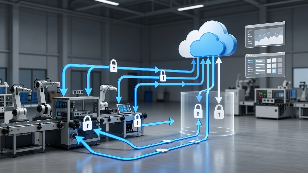High-quality editorial photographic visual of a secure industrial control system with encrypted connections between factory floor equipment and cloud monitoring dashboards in a modern manufacturing facility, studio lighting, professional atmosphere.