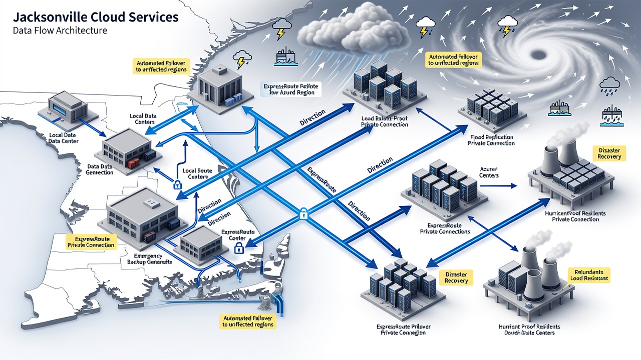 Illustration of Jacksonville Cloud Services data flow between local facilities, ExpressRoute connections, and US Azure regions with hurricane resilience annotations.