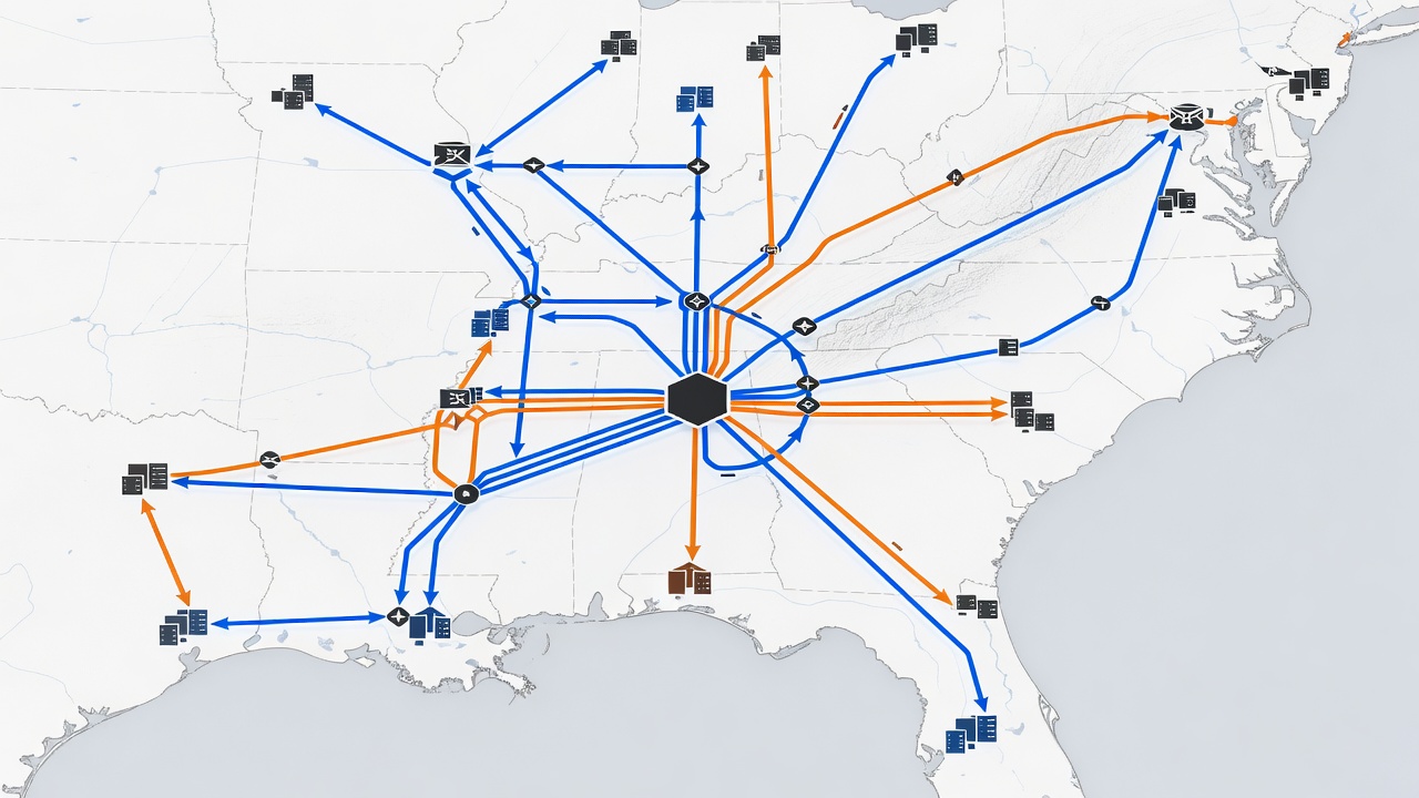 Map-style diagram highlighting Tallahassee service coverage area with redundant connectivity paths to US data centers