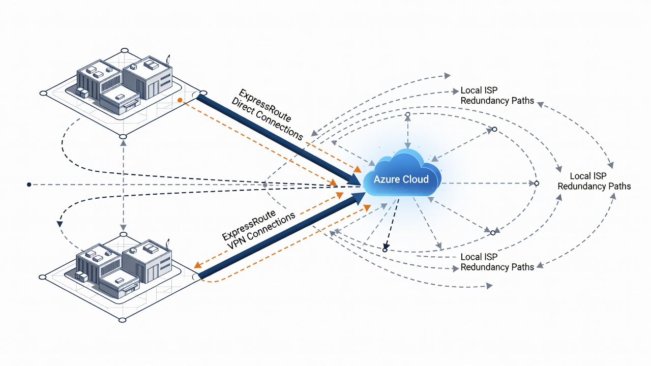 Network diagram illustrating ExpressRoute and VPN connectivity options between Orlando manufacturing sites and Azure regions with local ISP redundancy paths.