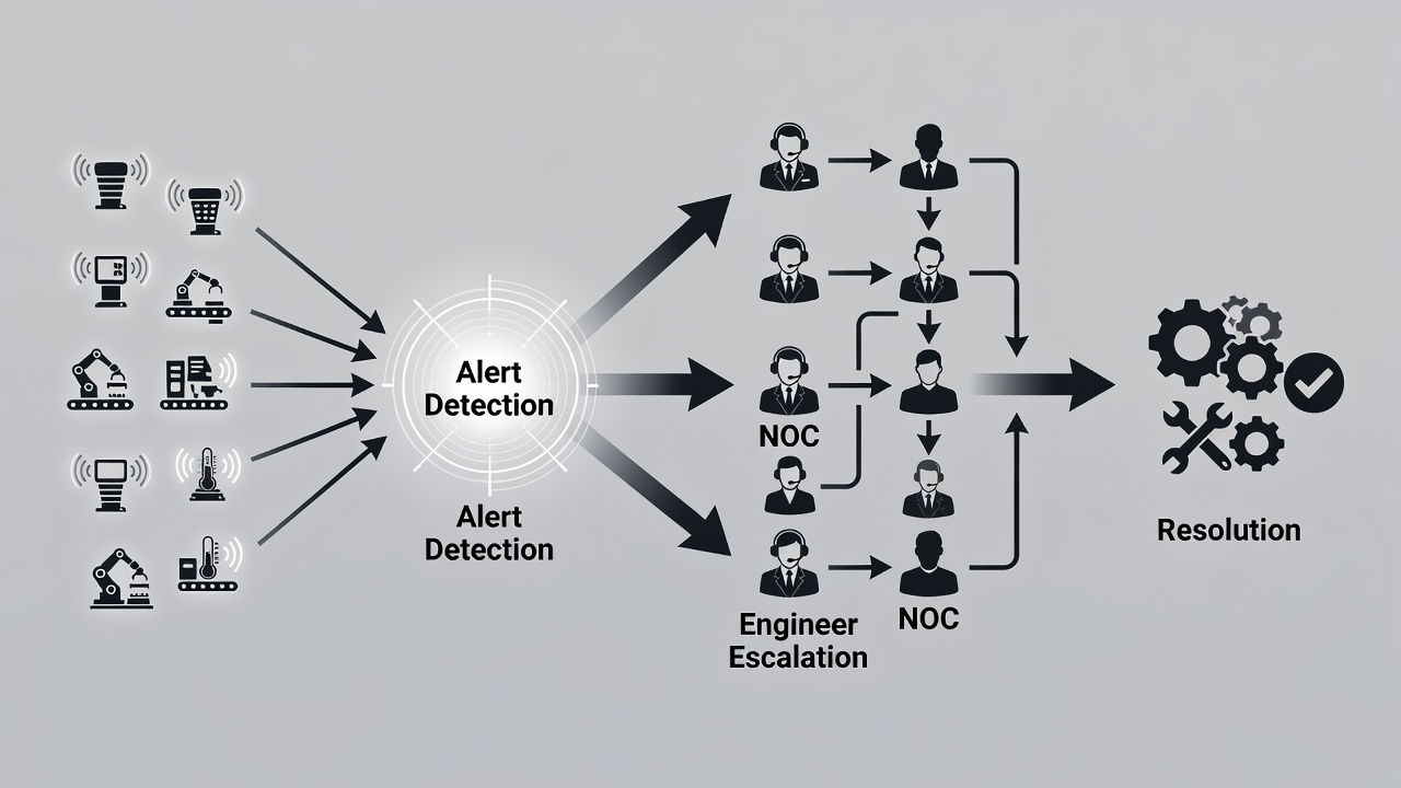 Operational workflow chart showing 24/7 NOC monitoring process from alert detection through engineer escalation to resolution for manufacturing IoT