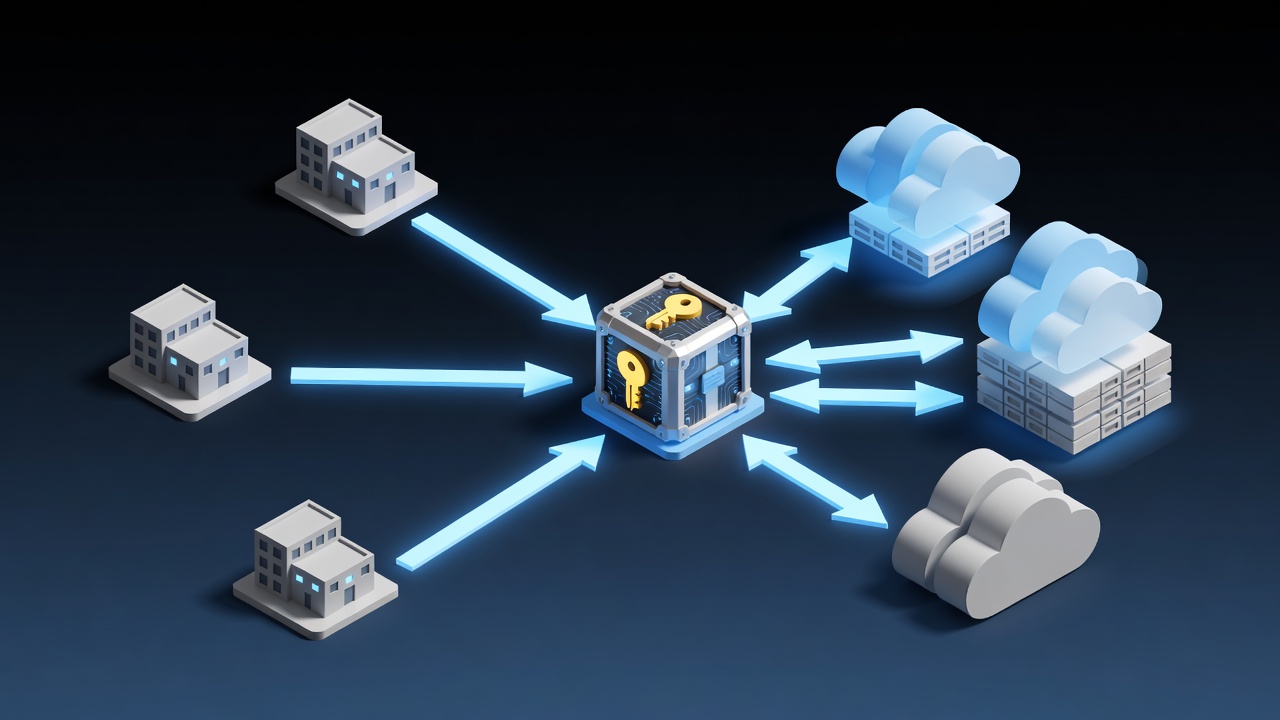 Professional technical diagram showing encrypted data flow between Central Florida SME office networks, secure key management server, and hybrid cloud storage with clear labeled pathways.