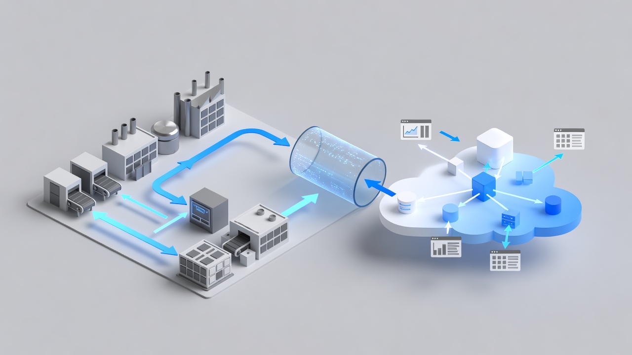 Secure hybrid cloud architecture connecting factory communication systems to Microsoft Azure via encrypted connections with monitoring dashboards