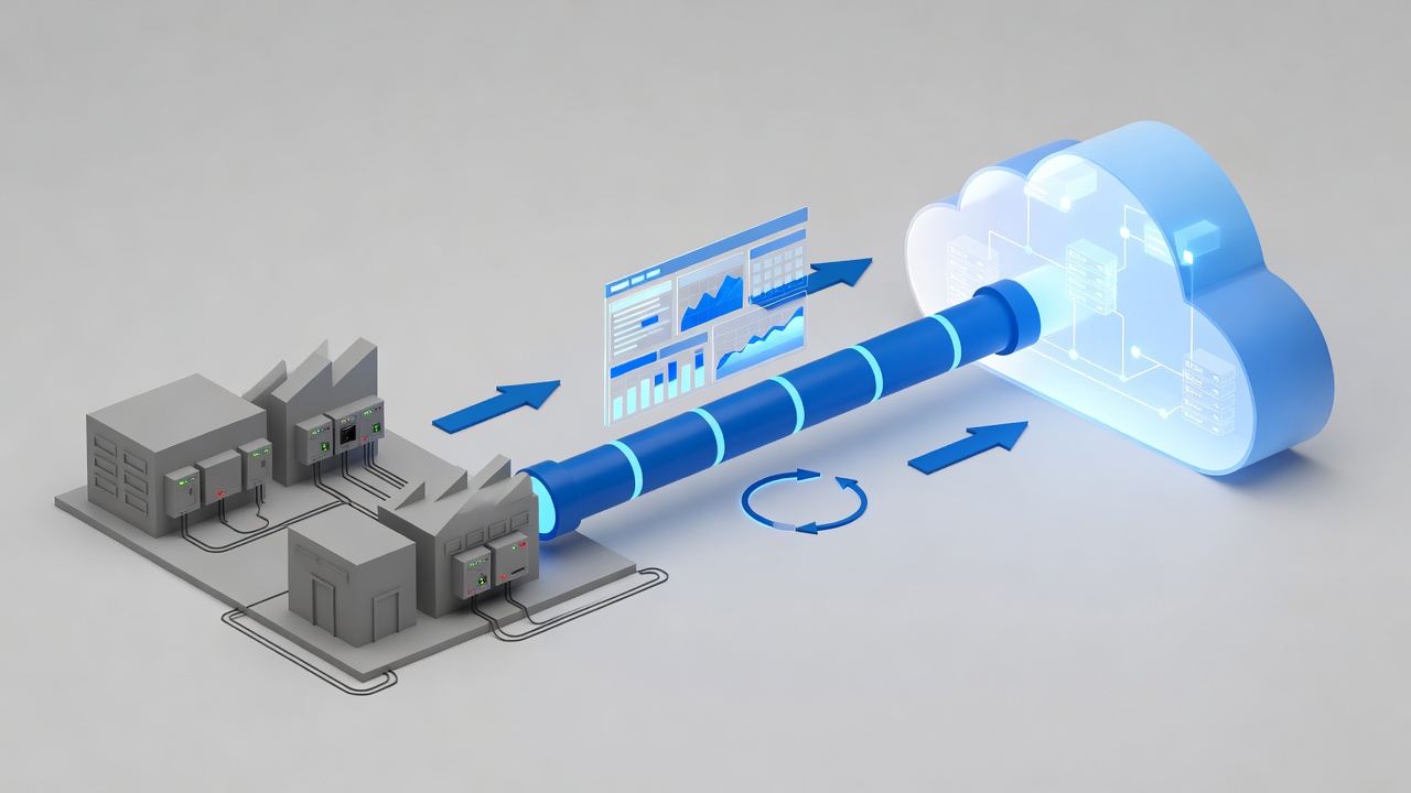 Secure hybrid cloud architecture connecting factory PLC systems to Microsoft Azure via encrypted VPN with monitoring dashboards