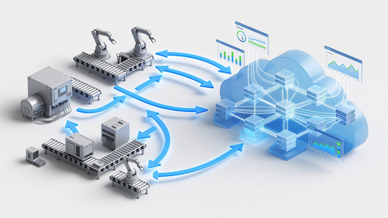 Secure hybrid cloud architecture diagram showing factory PLC systems connected to Microsoft Azure via encrypted VPN with real-time monitoring dashboards for Central Florida manufacturers.