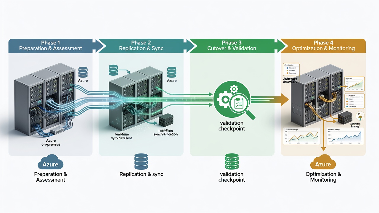 Step-by-step diagram of Maitland zero-downtime Azure migration process for Central Florida manufacturing plants including validation checkpoints