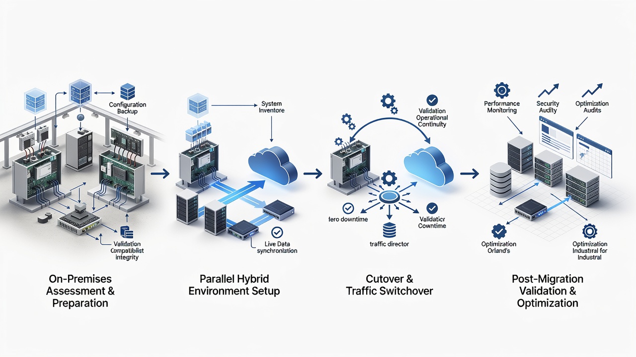 Step-by-step diagram of zero-downtime Azure migration process for industrial control systems including validation checkpoints for Orlando manufacturers
