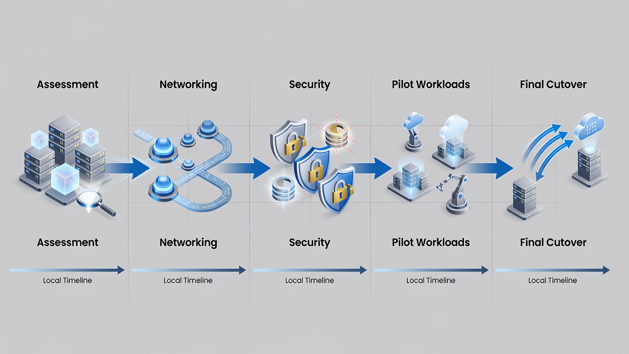Step-by-step flowchart of the Fort Lauderdale cloud migration process including assessment, networking, security, pilot workloads, and final cutover phases with local timeline estimates.