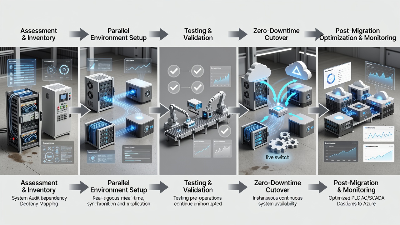Step-by-step flowchart of zero-downtime Azure migration process for Central Florida manufacturing PLC and SCADA systems