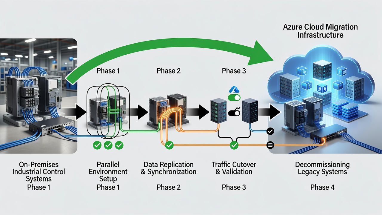 Step-by-step flowchart of zero-downtime Azure migration process for industrial control systems used by Orlando area factories