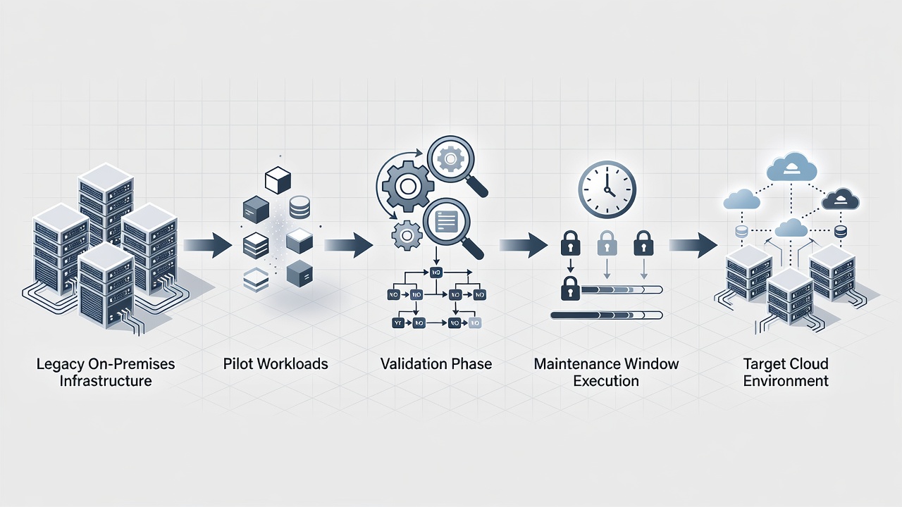 Step-by-step migration cutover diagram for St. Petersburg facilities highlighting pilot workloads, validation, and maintenance window execution.