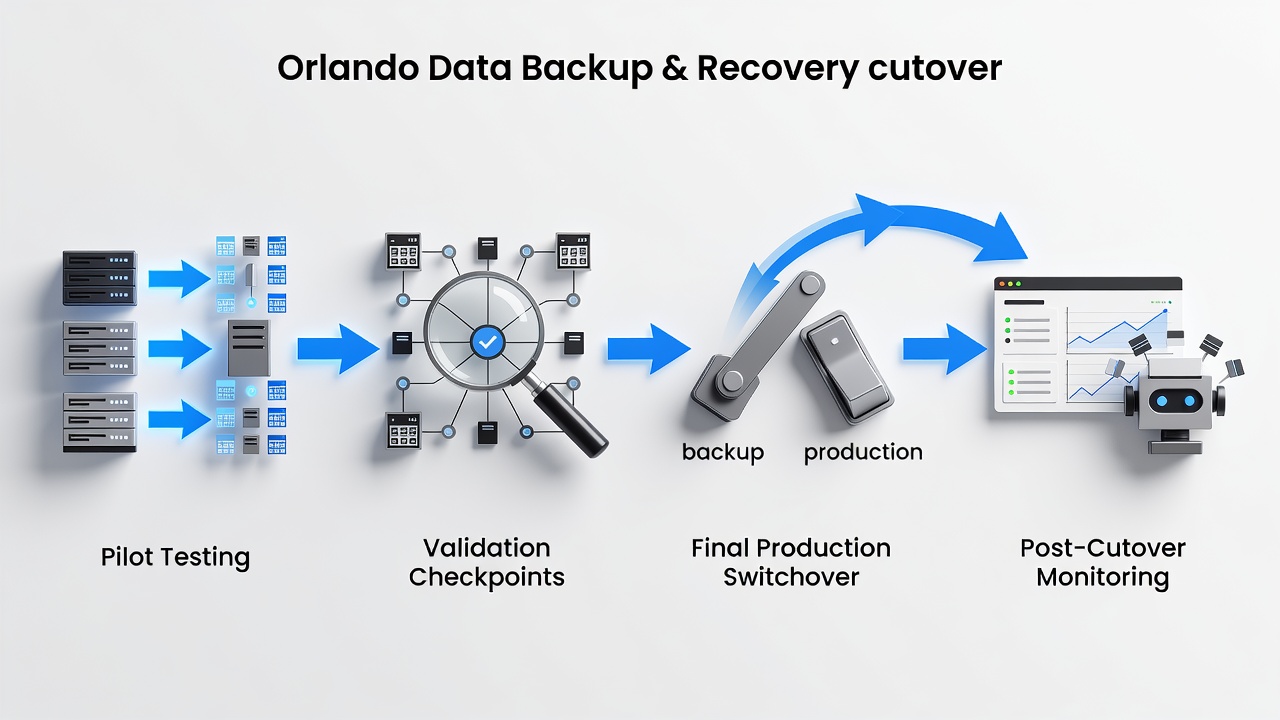 Step-by-step process diagram for Orlando Data Backup & Recovery cutover, including pilot testing, validation checkpoints, and final production switchover phases.
