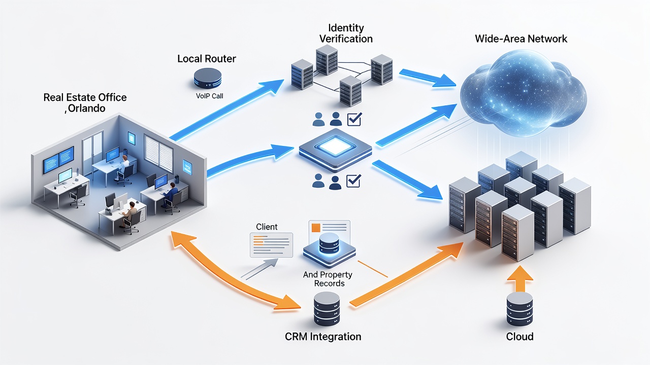 Structural diagram of encrypted VoIP call flow from Orlando real estate office through network segments to cloud servers, showing identity verification points and CRM integration arrows