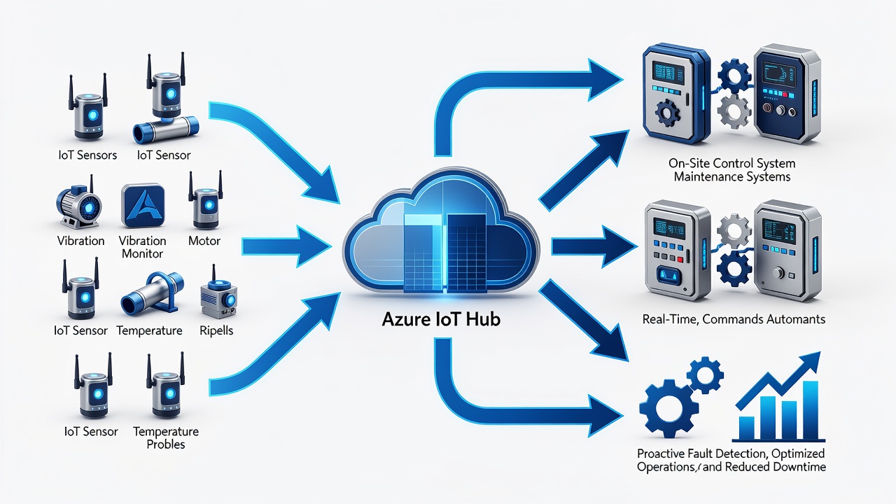 Structural flowchart showing how Longwood Managed IT Services connect IoT sensors, Azure IoT Hub, and on-site control systems for predictive maintenance