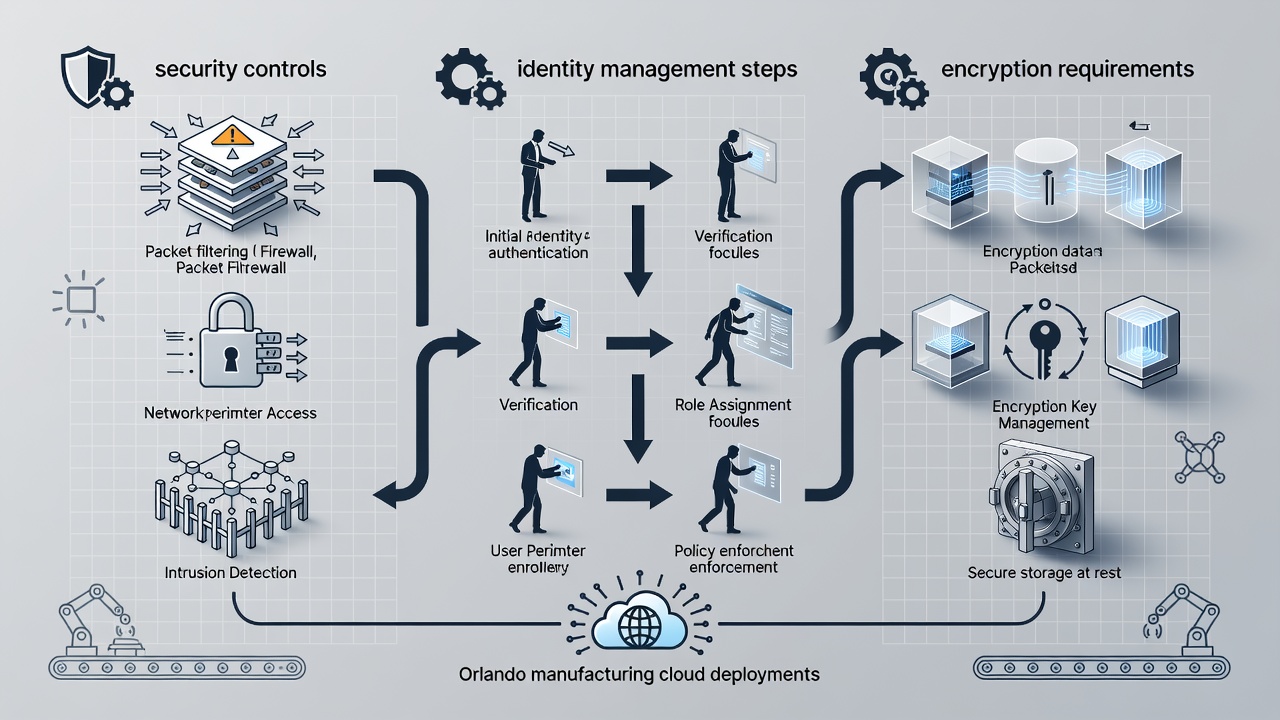 Structured checklist visual outlining security controls, identity management steps, and encryption requirements for Orlando manufacturing cloud deployments.