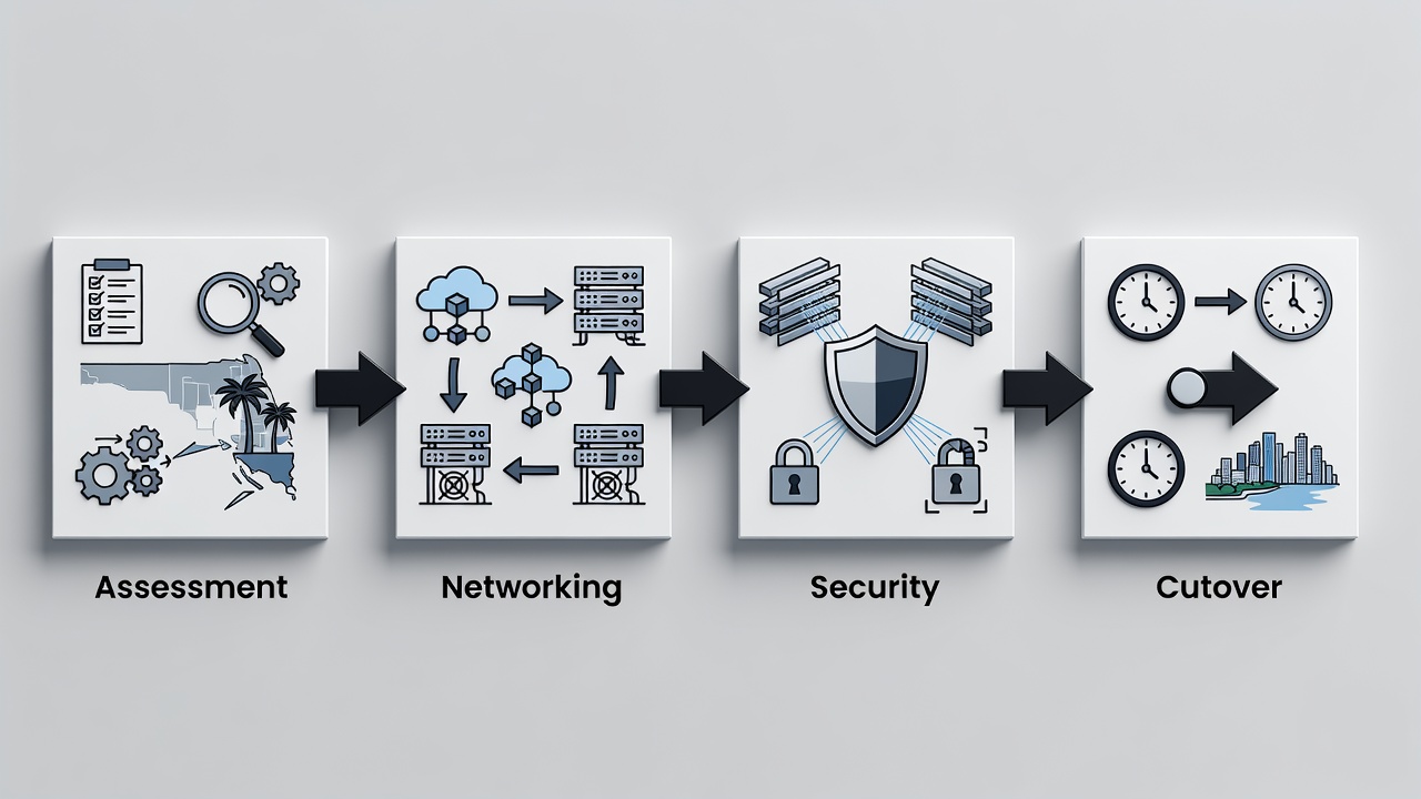 Structured flowchart illustrating the four-phase hybrid migration process tailored for Miami organizations including assessment, networking, security, and cutover stages.