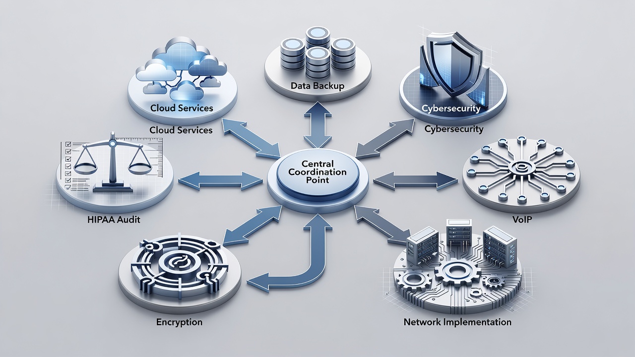 Structured flowchart illustrating the seven core components of Orlando Managed IT Services with arrows showing how Cloud Services, Data Backup, Cybersecurity, VoIP, Network Implementation, Encryption, and HIPAA Audit interconnect.