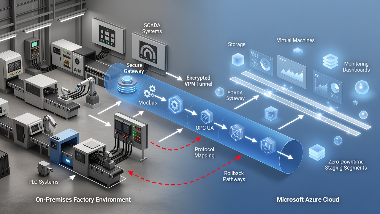 Technical diagram illustrating encrypted VPN connectivity layers between factory PLC and SCADA systems and Microsoft Azure, showing monitoring dashboards, zero-downtime staging segments, protocol mapping nodes for Modbus and OPC UA, and labeled rollback pathways for manufacturing environments