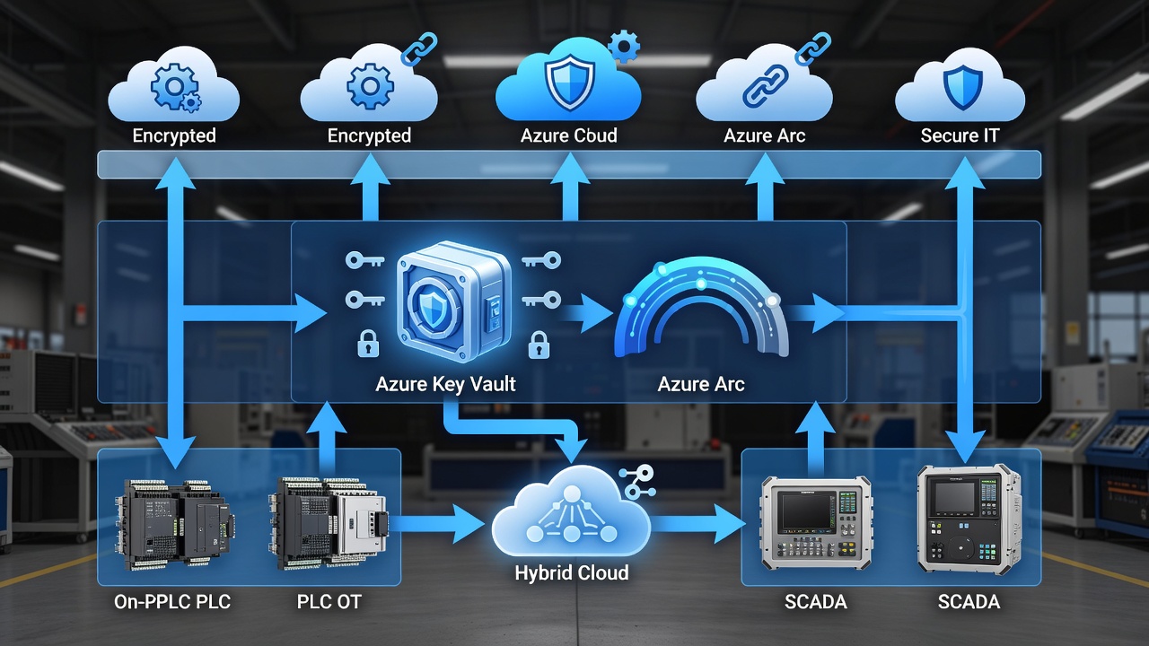 Technical diagram illustrating encryption layers for PLC and SCADA systems using Azure Key Vault and Azure Arc in a hybrid manufacturing environment