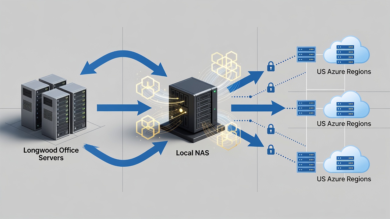 Technical diagram illustrating hybrid backup flow from Longwood office servers to local NAS and US Azure regions with encryption layers