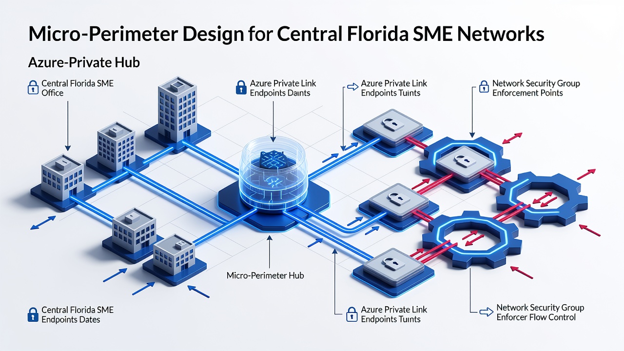 Technical diagram illustrating micro-perimeter design for Central Florida SME networks with labeled Azure Private Link and network security group enforcement points