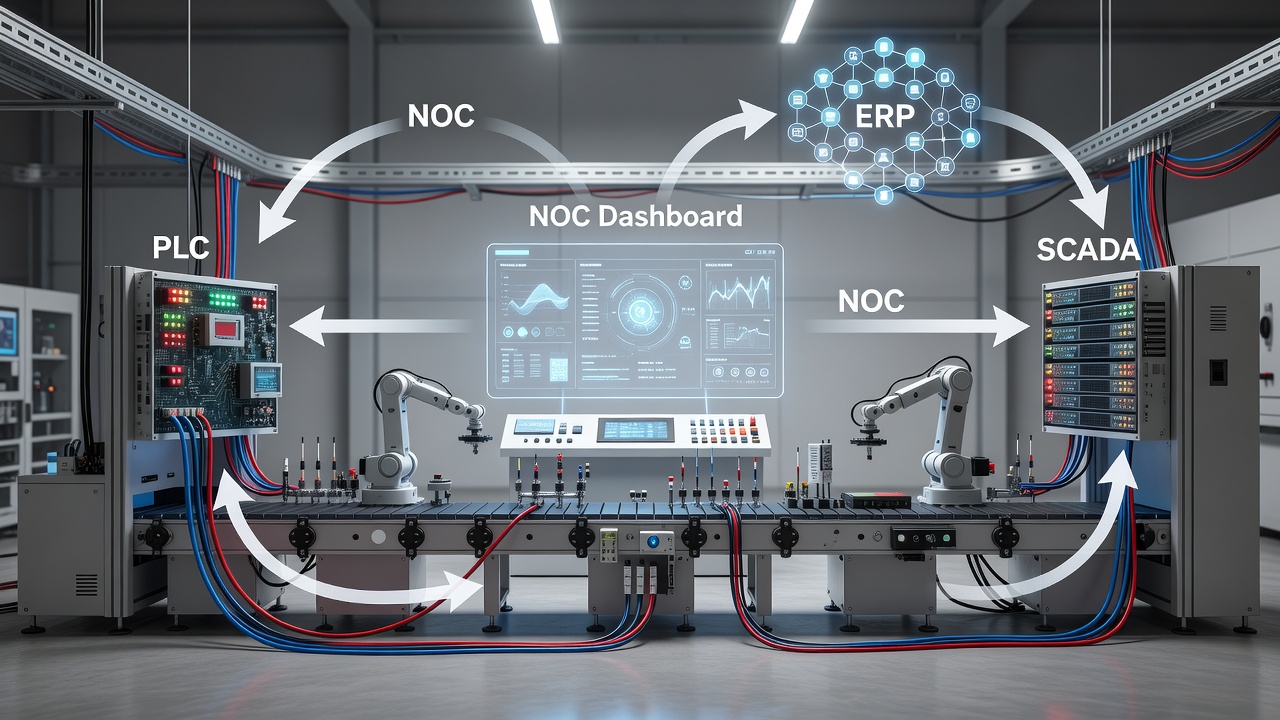 Technical diagram illustrating real-time production line monitoring with PLC, SCADA, and ERP sensors connected to a central NOC dashboard for Orlando manufacturers