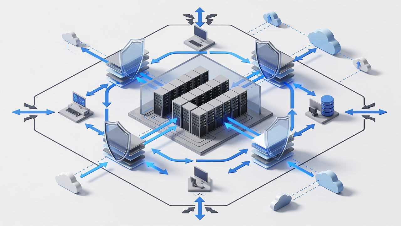 Technical diagram illustrating secure network architecture for St. Petersburg businesses with managed IT services, including firewall layers, cloud connections, and on-site servers
