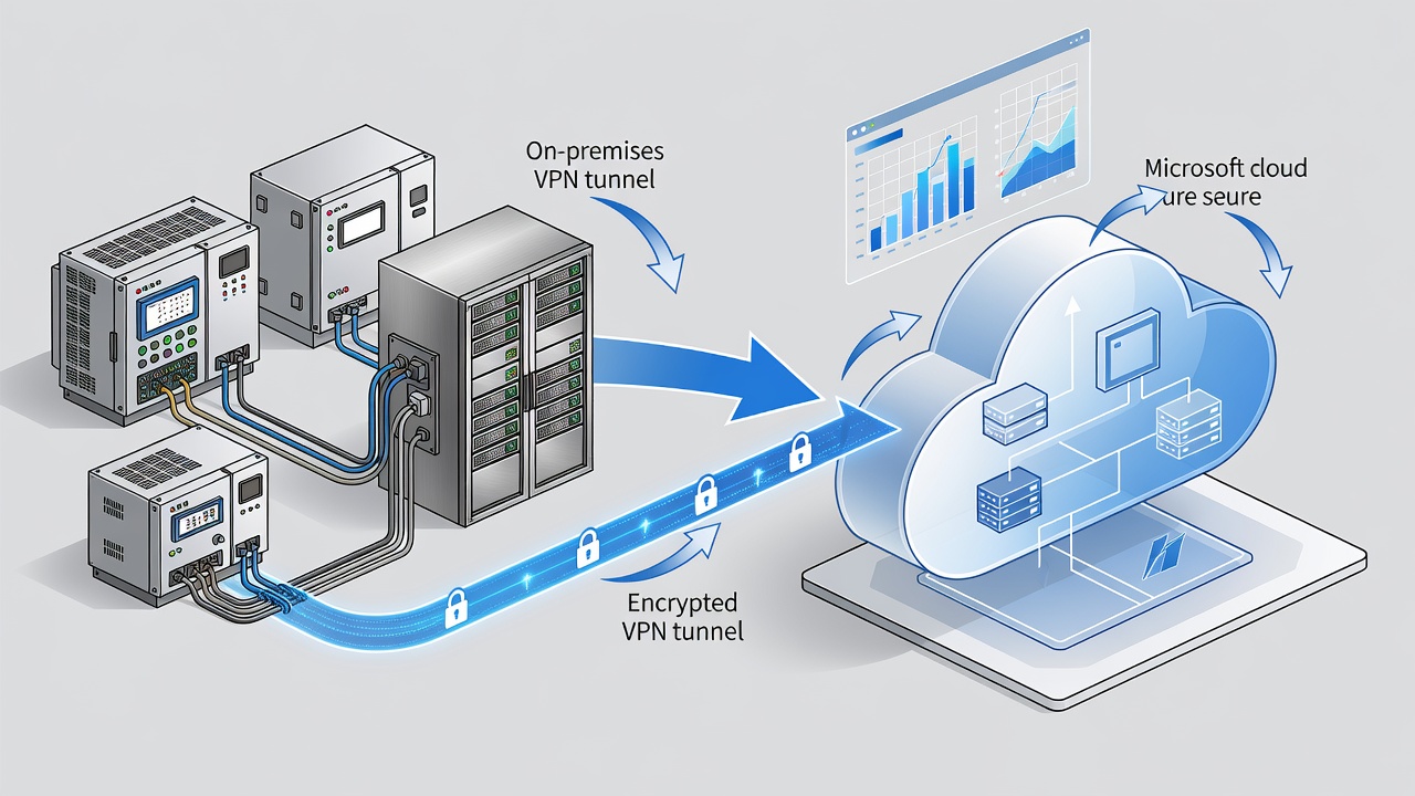Technical diagram of secure hybrid cloud architecture connecting factory PLC systems to Microsoft Azure via encrypted VPN with monitoring dashboards for Central Florida manufacturers
