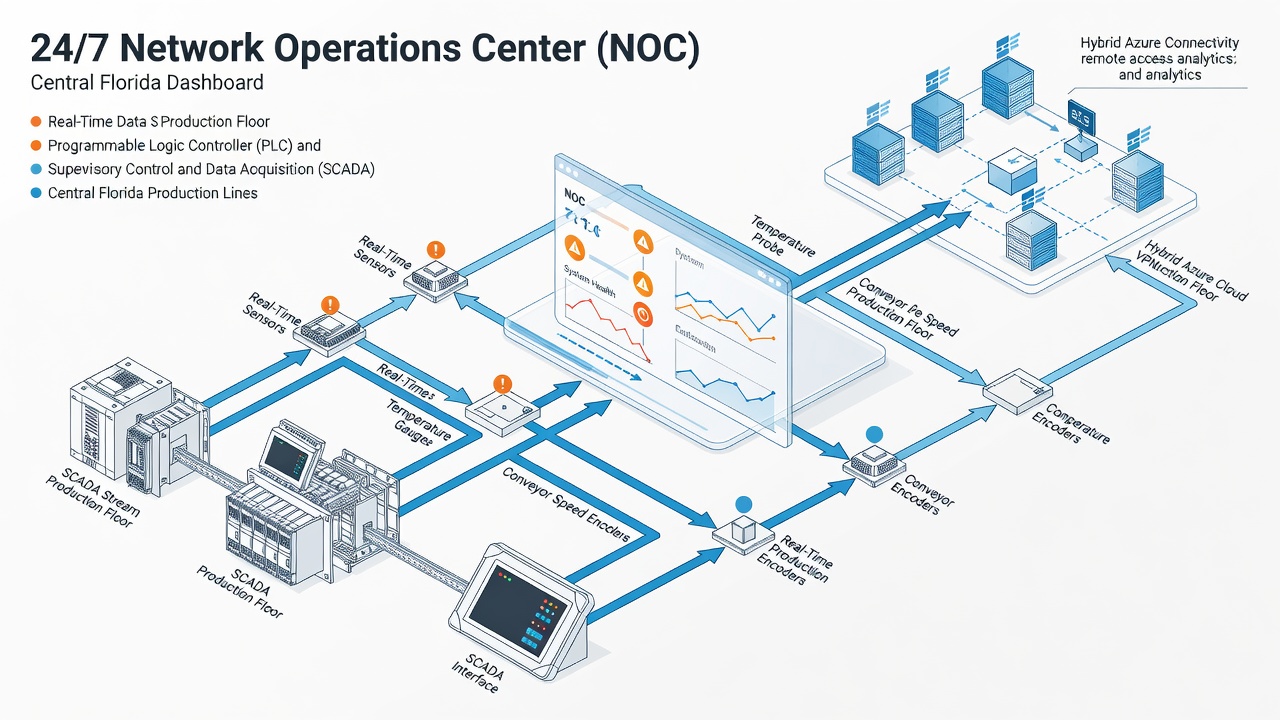 Technical diagram showing 24/7 NOC dashboard monitoring PLC and SCADA systems for Central Florida production lines with real-time alerts and hybrid Azure integration