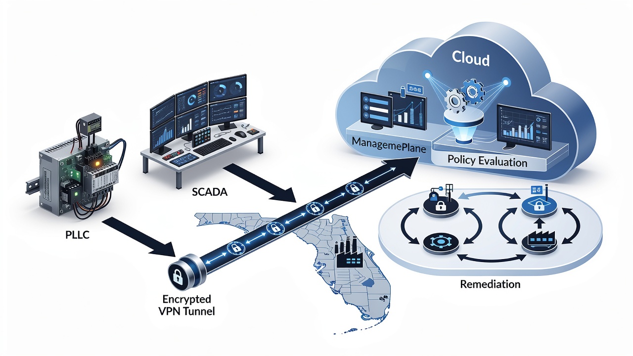 Technical diagram showing Azure Arc agent deployment flow from PLC and SCADA systems through encrypted VPN to Azure management plane with policy evaluation and remediation loops for Central Florida factories