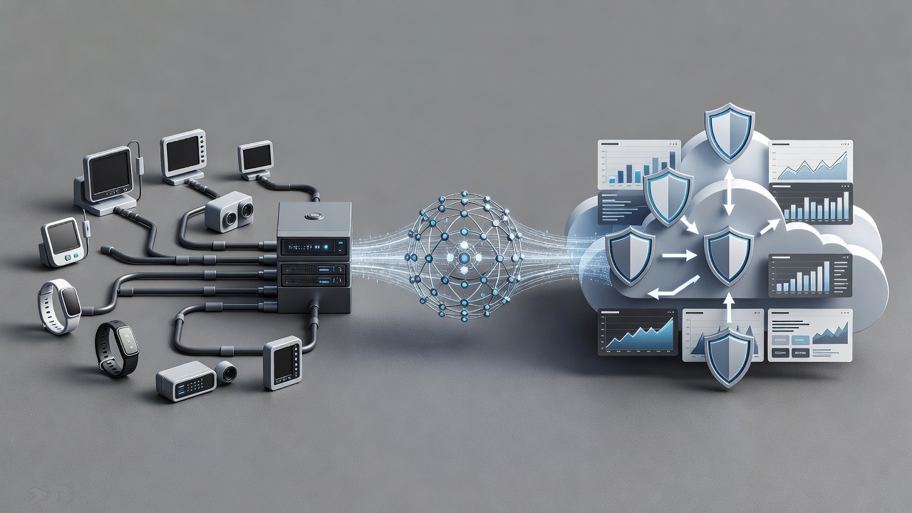 Technical diagram showing Azure Arc connecting on-premises medical IoT devices to hybrid cloud monitoring dashboards with compliance controls highlighted