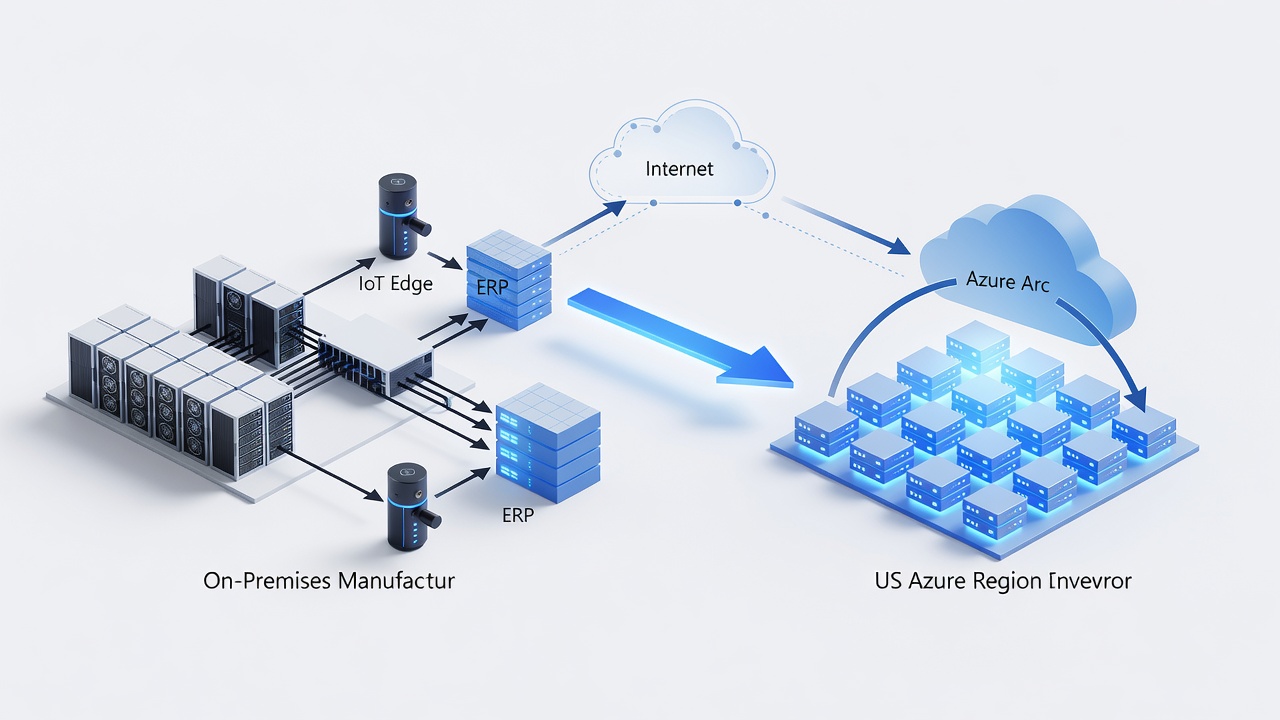 Technical diagram showing Azure hybrid cloud architecture for Longwood manufacturing plants, including on-premises servers, Azure Arc, IoT Edge devices, ERP systems, and secure connectivity to US Azure regions.