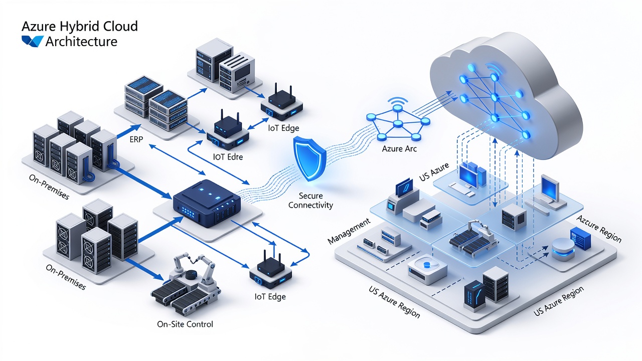 Technical diagram showing Azure hybrid cloud architecture for Orlando manufacturing plants, including on-premises servers, Azure Arc, IoT Edge devices, ERP systems, and secure connectivity to US Azure regions.
