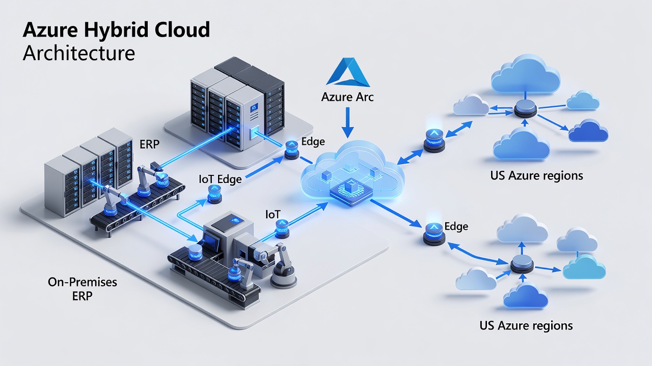 Technical diagram showing Azure hybrid cloud architecture for Orlando manufacturing plants, including on-premises servers, Azure Arc, IoT Edge devices, ERP systems, and secure connectivity to US Azure regions.