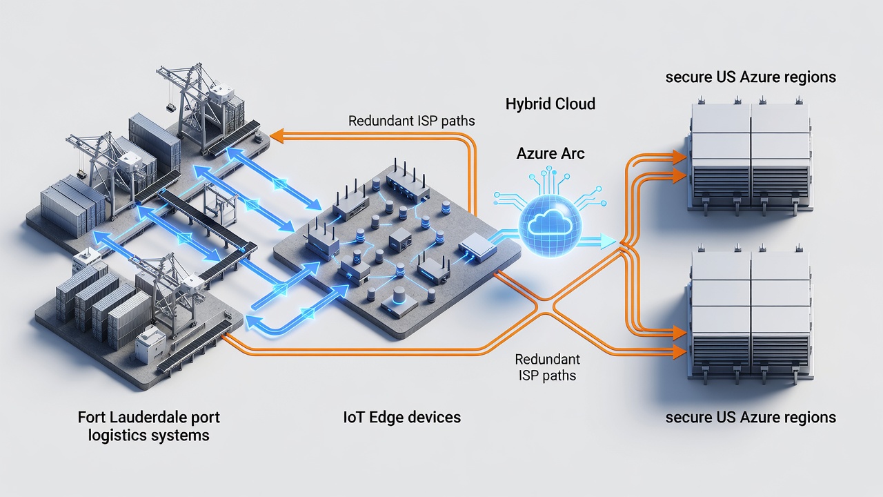 Technical diagram showing hybrid cloud architecture connecting Fort Lauderdale port logistics systems, Azure Arc, IoT Edge devices, and secure US Azure regions with redundant ISP paths.
