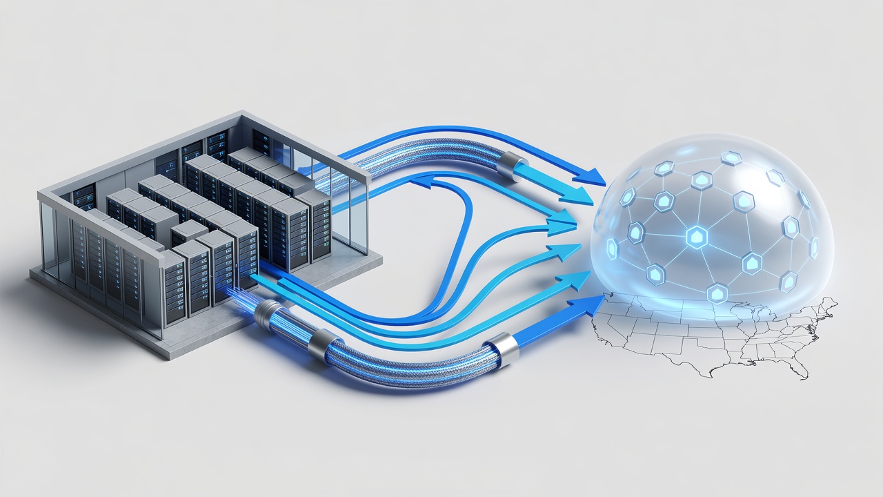 Technical diagram showing hybrid cloud architecture connecting Miami on-premises servers to US Azure regions with secure connectivity paths and data flow arrows.