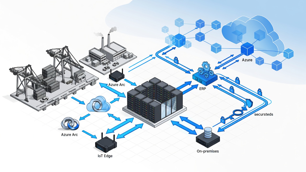 Technical diagram showing hybrid cloud architecture for Jacksonville port logistics and manufacturing facilities, including on-premises servers, Azure Arc, IoT Edge devices, ERP systems, and secure connectivity to US Azure regions.