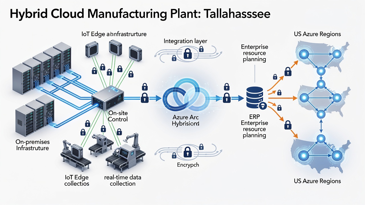 Technical diagram showing hybrid cloud architecture for Tallahassee manufacturing plants, including on-premises servers, Azure Arc, IoT Edge devices, ERP systems, and secure connectivity to US Azure regions.